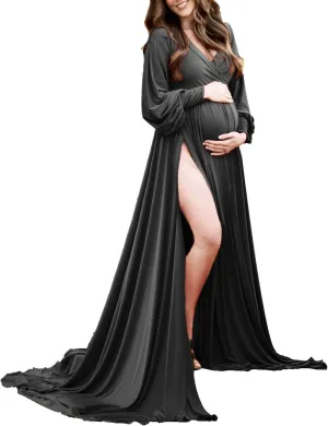 Dedysler Maternity Gowns Long Sleeves Baby Shower Dress for Photoshoot Wrap Split Sweetheart Maxi Photography