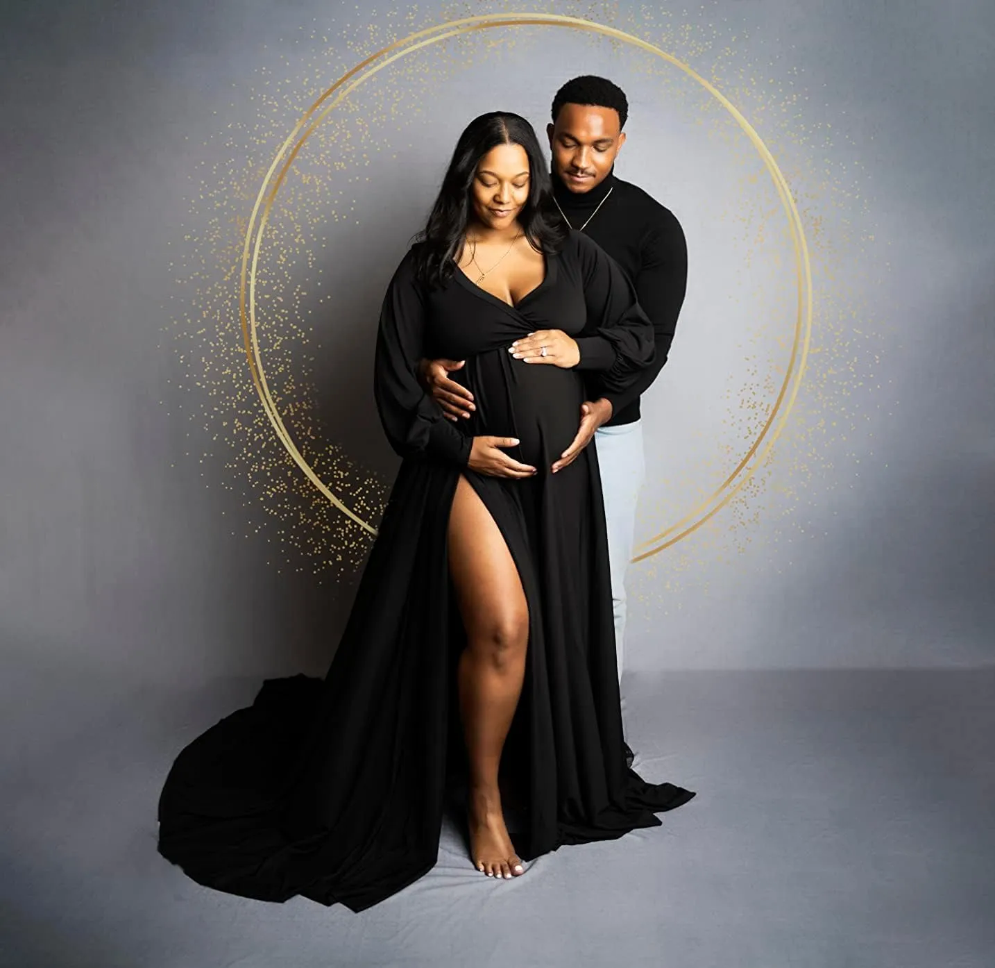 Dedysler Maternity Gowns Long Sleeves Baby Shower Dress for Photoshoot Wrap Split Sweetheart Maxi Photography