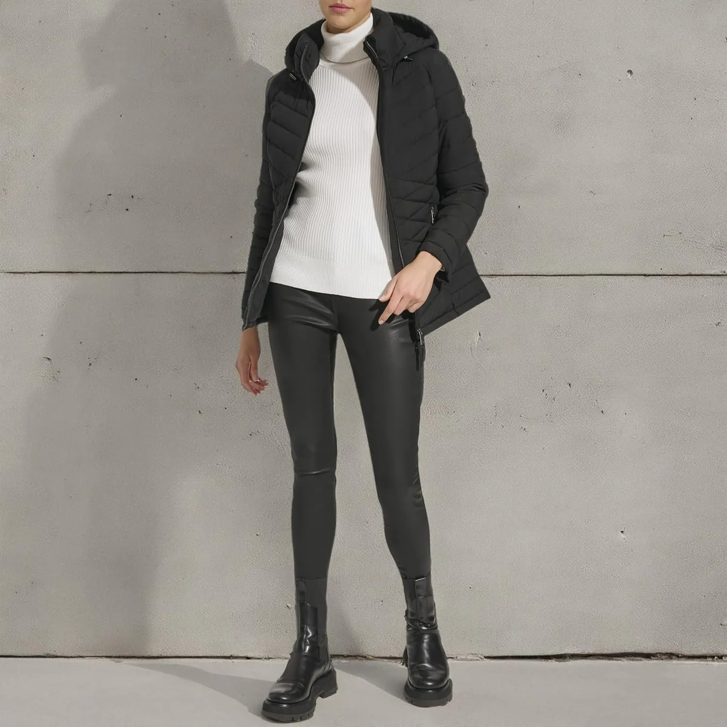 DKNY Womens Hooded Light-Weight Puffer