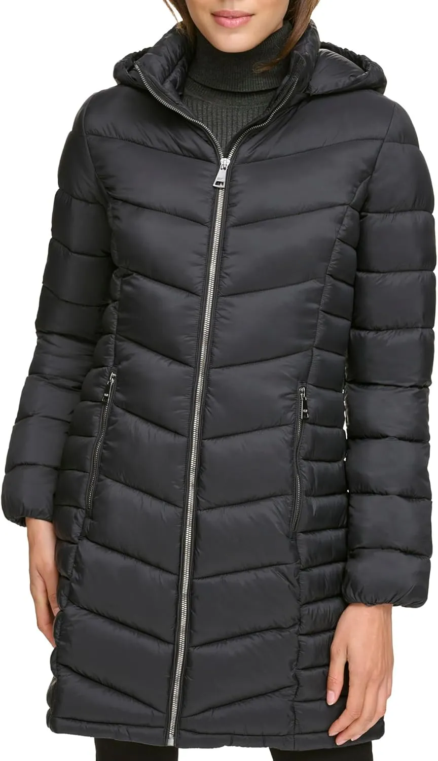 DKNY Womens Hooded Light-Weight Puffer