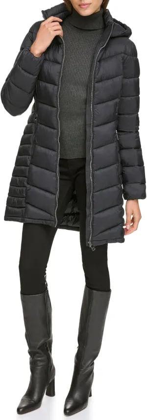 DKNY Womens Hooded Light-Weight Puffer