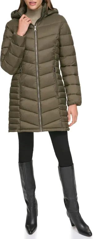 DKNY Womens Hooded Light-Weight Puffer