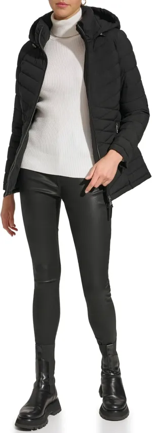 DKNY Womens Hooded Light-Weight Puffer
