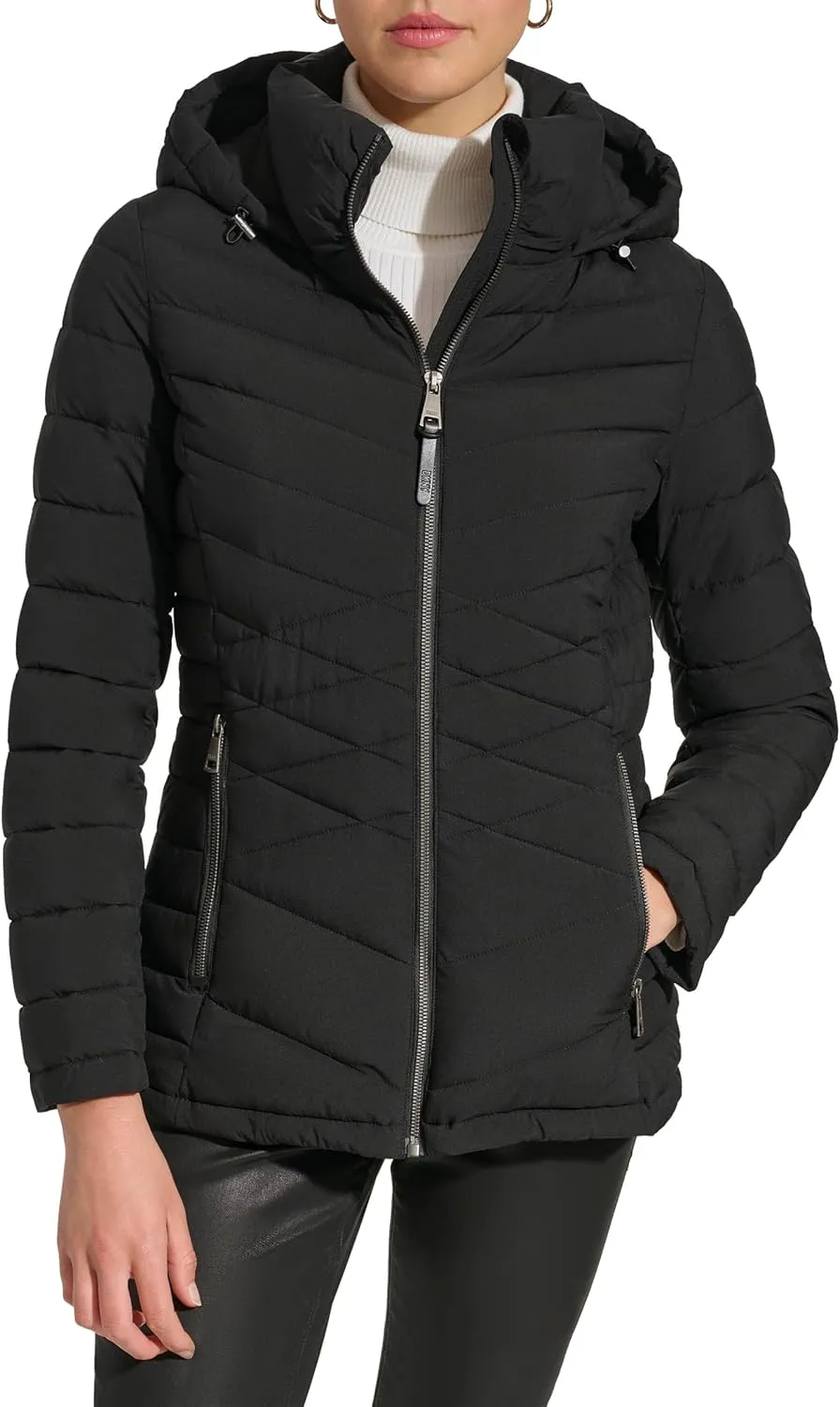 DKNY Womens Hooded Light-Weight Puffer