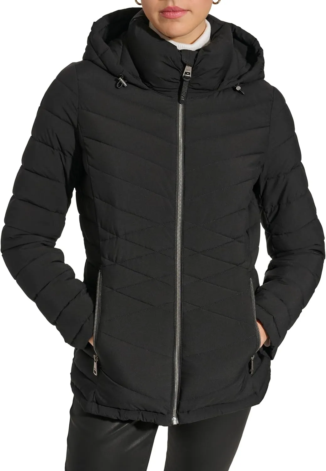 DKNY Womens Hooded Light-Weight Puffer