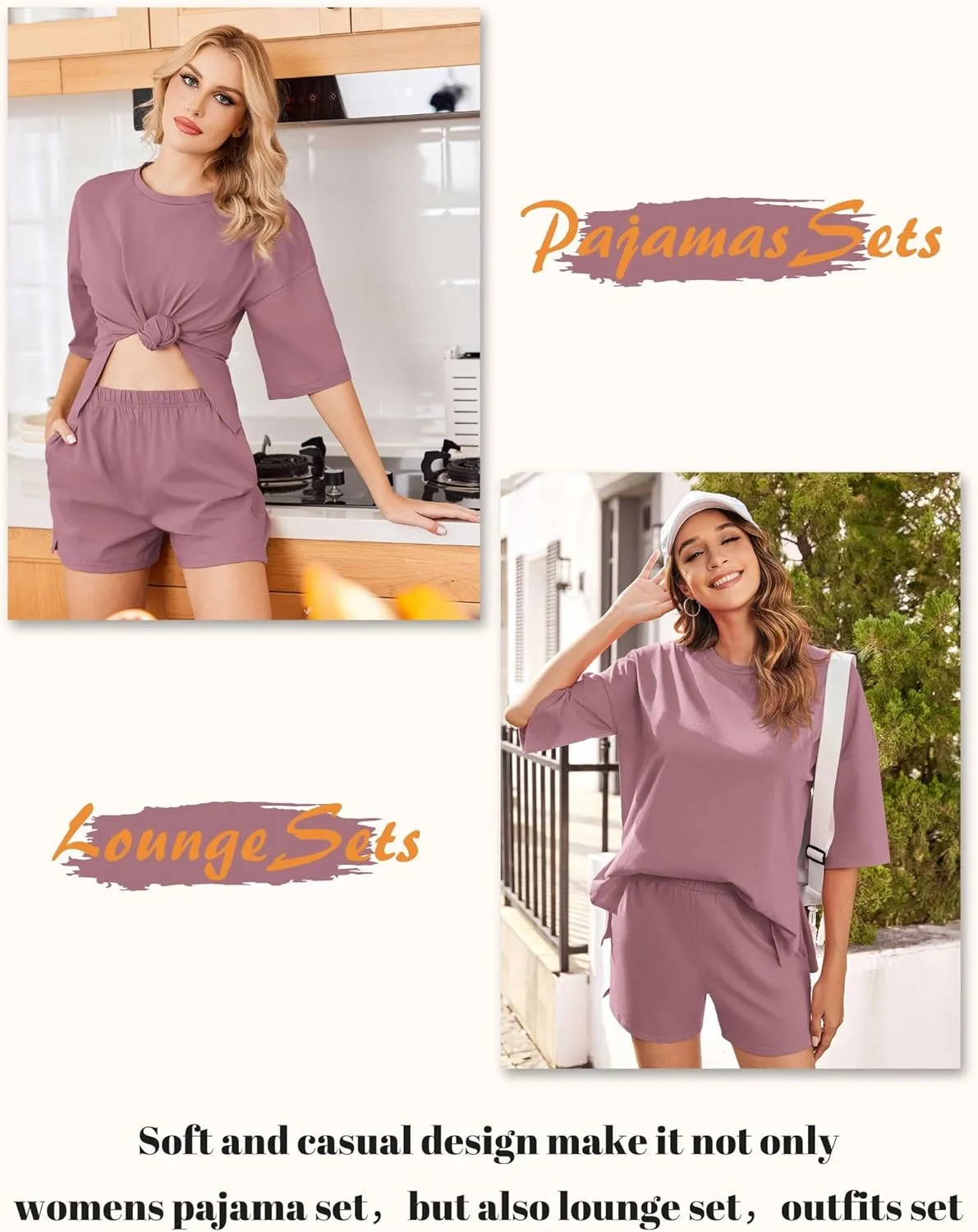 Ekouaer Pajamas for Women Set 2 Piece PJ Soft Comfy Lounge Sets Short Sleeve Tops Shorts Sets Cotton Sleepwear S-XXL