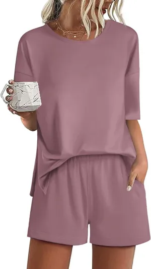 Ekouaer Pajamas for Women Set 2 Piece PJ Soft Comfy Lounge Sets Short Sleeve Tops Shorts Sets Cotton Sleepwear S-XXL