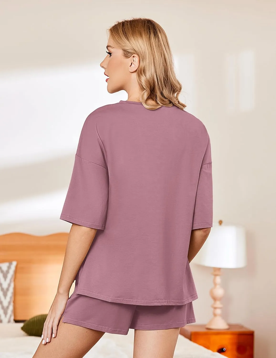 Ekouaer Pajamas for Women Set 2 Piece PJ Soft Comfy Lounge Sets Short Sleeve Tops Shorts Sets Cotton Sleepwear S-XXL