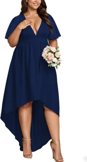 Elegant Dresses Formal Evening Cocktail Long Maxi Wedding Party Dress Sexy V Neck Ruffle Sleeve Hi Low Flowy Gowns