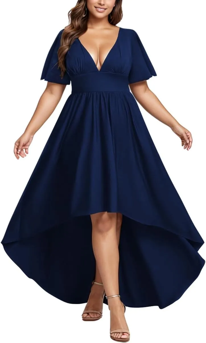 Elegant Dresses Formal Evening Cocktail Long Maxi Wedding Party Dress Sexy V Neck Ruffle Sleeve Hi Low Flowy Gowns
