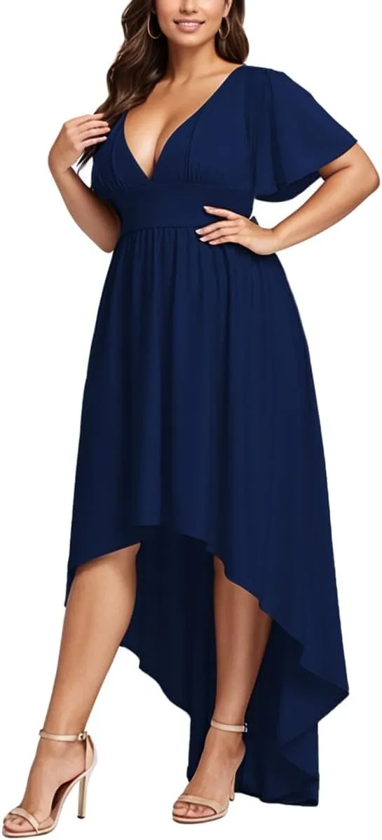 Elegant Dresses Formal Evening Cocktail Long Maxi Wedding Party Dress Sexy V Neck Ruffle Sleeve Hi Low Flowy Gowns
