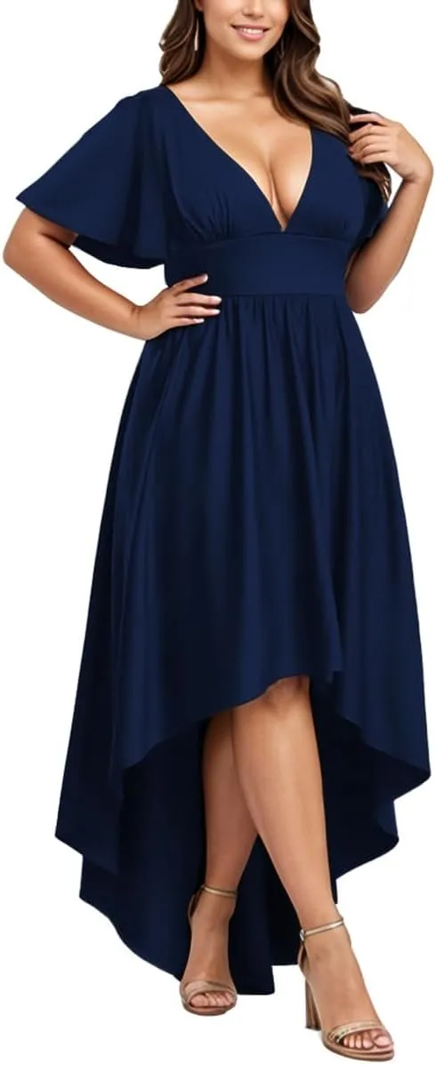 Elegant Dresses Formal Evening Cocktail Long Maxi Wedding Party Dress Sexy V Neck Ruffle Sleeve Hi Low Flowy Gowns