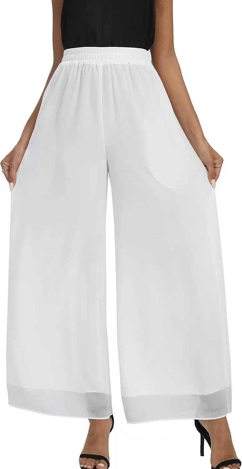 Fakanhui Women's Chiffon Wide Leg Palazzo Pants High Elastic Waist Casual Flowy Business Trousers
