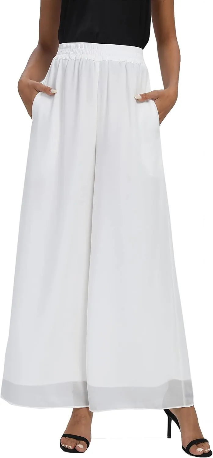 Fakanhui Women's Chiffon Wide Leg Palazzo Pants High Elastic Waist Casual Flowy Business Trousers