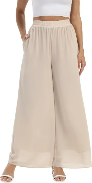 Fakanhui Women's Chiffon Wide Leg Palazzo Pants High Elastic Waist Casual Flowy Business Trousers