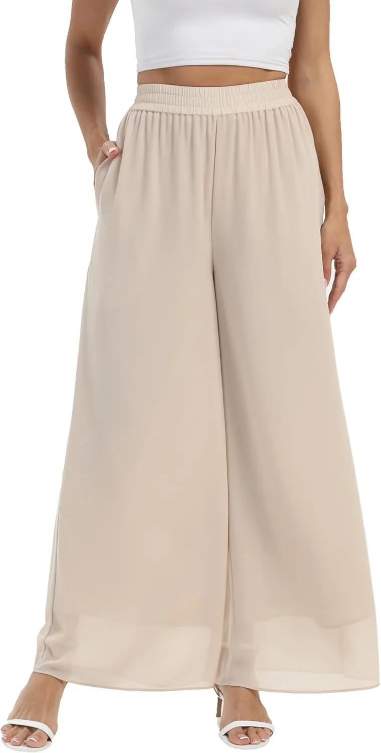 Fakanhui Women's Chiffon Wide Leg Palazzo Pants High Elastic Waist Casual Flowy Business Trousers