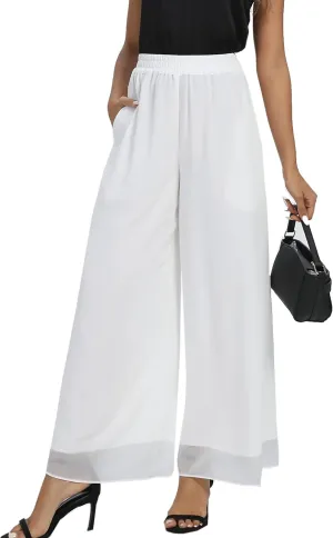 Fakanhui Women's Chiffon Wide Leg Palazzo Pants High Elastic Waist Casual Flowy Business Trousers