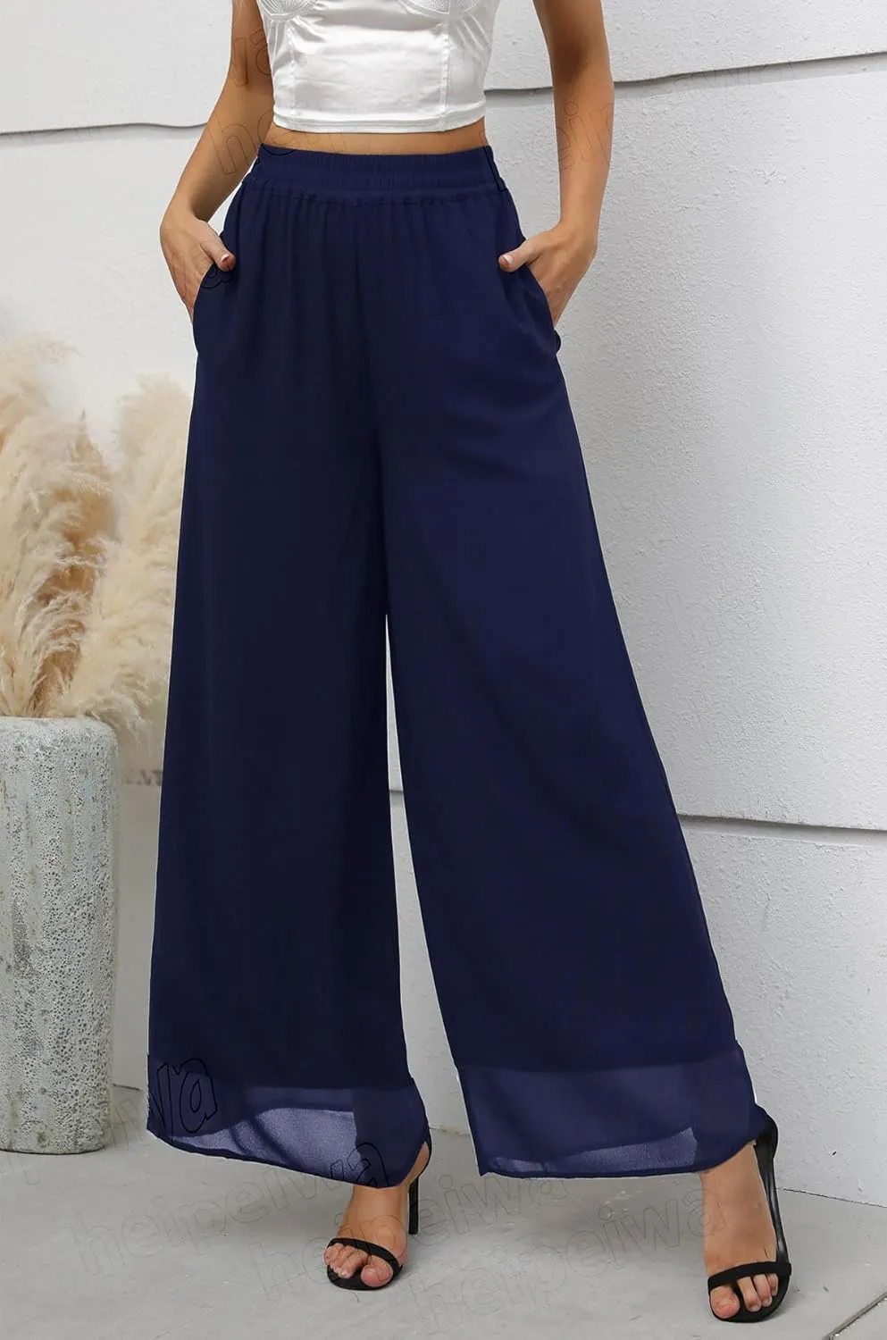 Fakanhui Women's Chiffon Wide Leg Palazzo Pants High Elastic Waist Casual Flowy Business Trousers