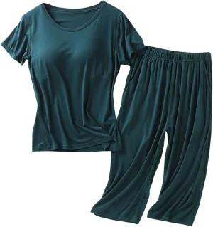 Fanteecy Women's 2 Piece Casual Pjs Sets Short Sleeve with Built in Bra Top and Capris Sleepwear Comfy Soft Lounge Sets