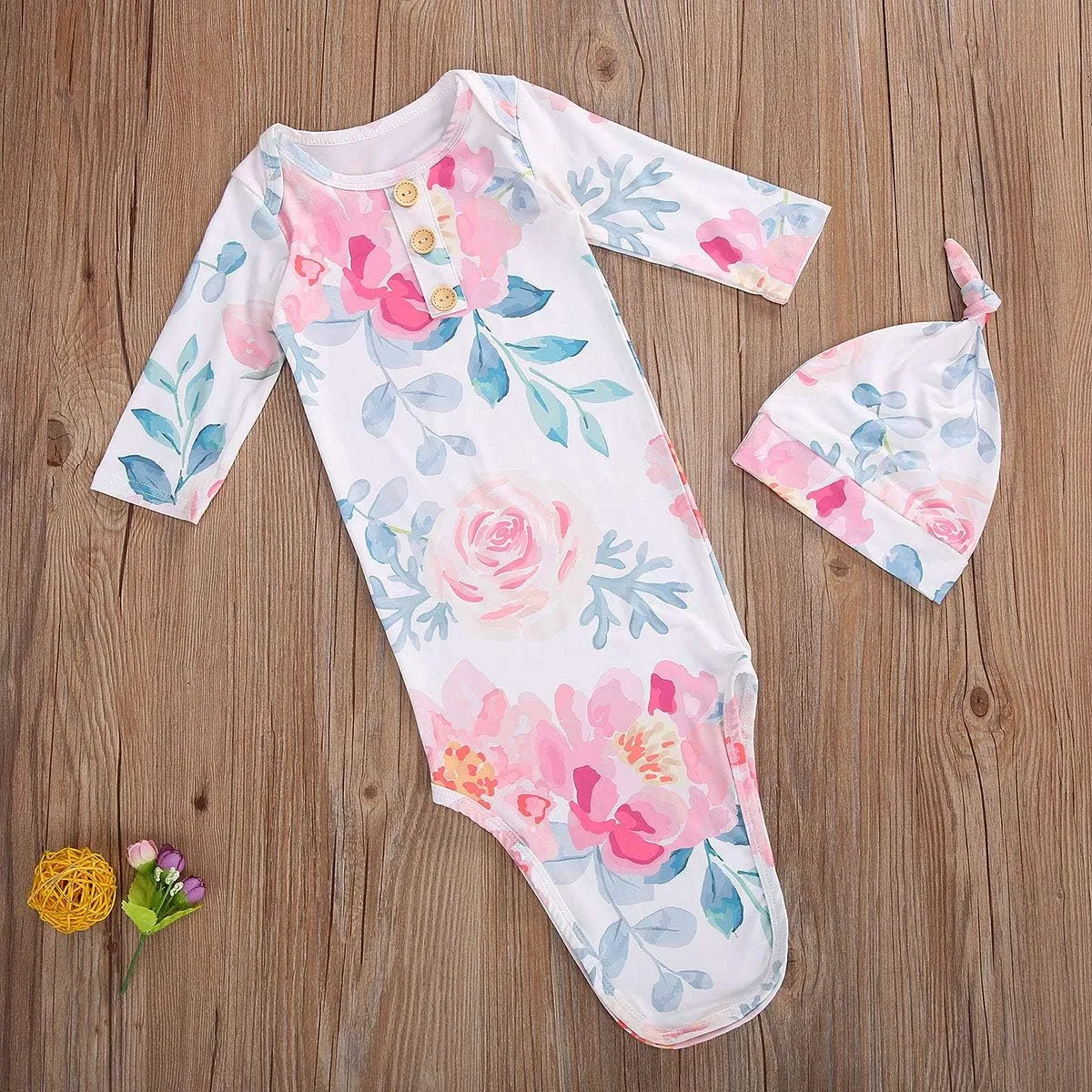 FIOMVA Newborn Baby Girl Boy Nightgowns Organic Cotton Gowns Knotted Sleeping Bag with Hat Coming Home Outfit for Unisex Baby