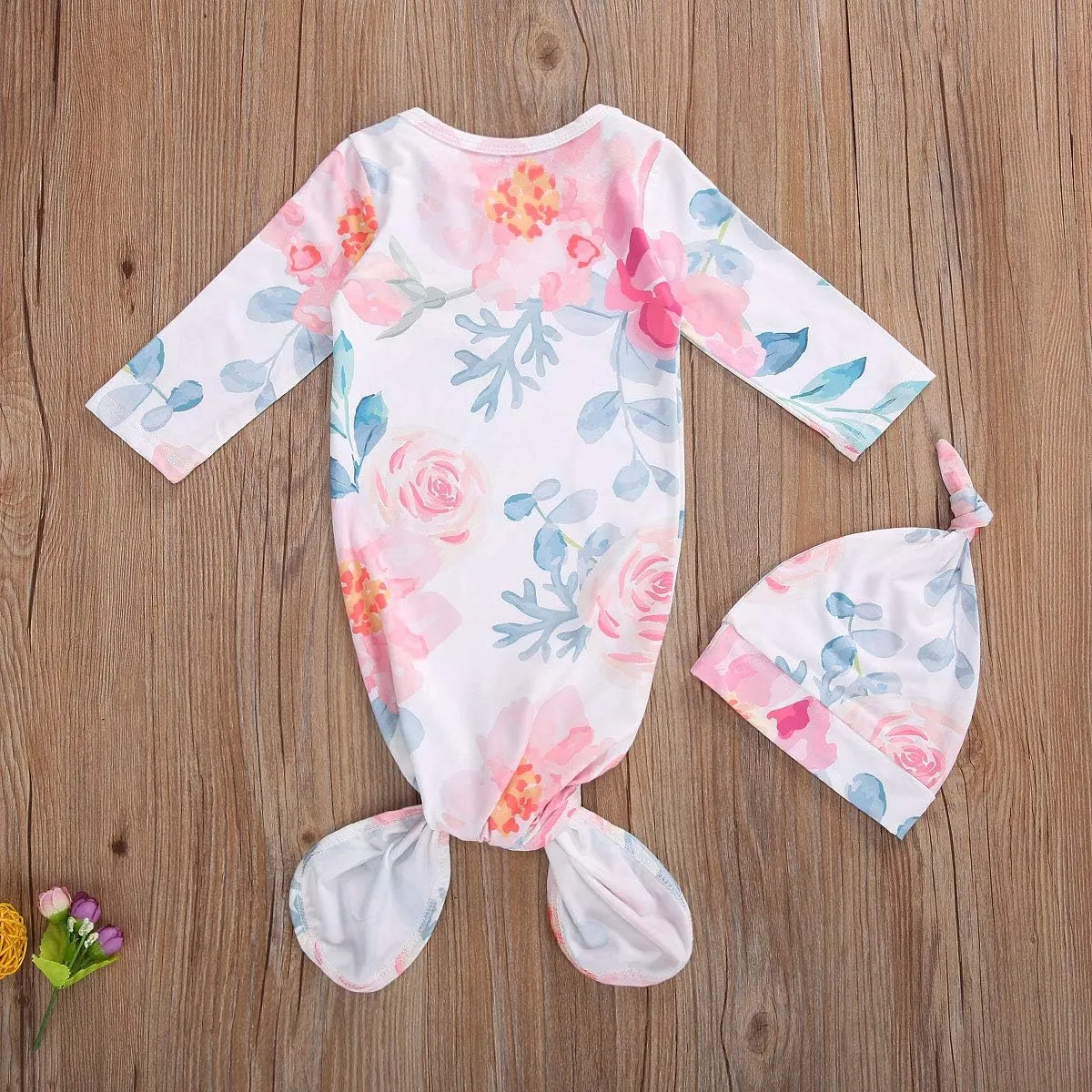 FIOMVA Newborn Baby Girl Boy Nightgowns Organic Cotton Gowns Knotted Sleeping Bag with Hat Coming Home Outfit for Unisex Baby