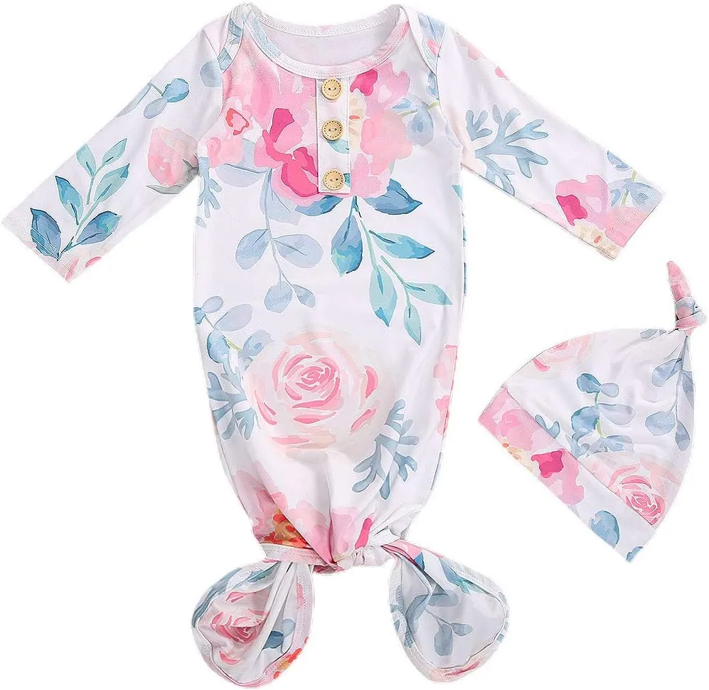 FIOMVA Newborn Baby Girl Boy Nightgowns Organic Cotton Gowns Knotted Sleeping Bag with Hat Coming Home Outfit for Unisex Baby
