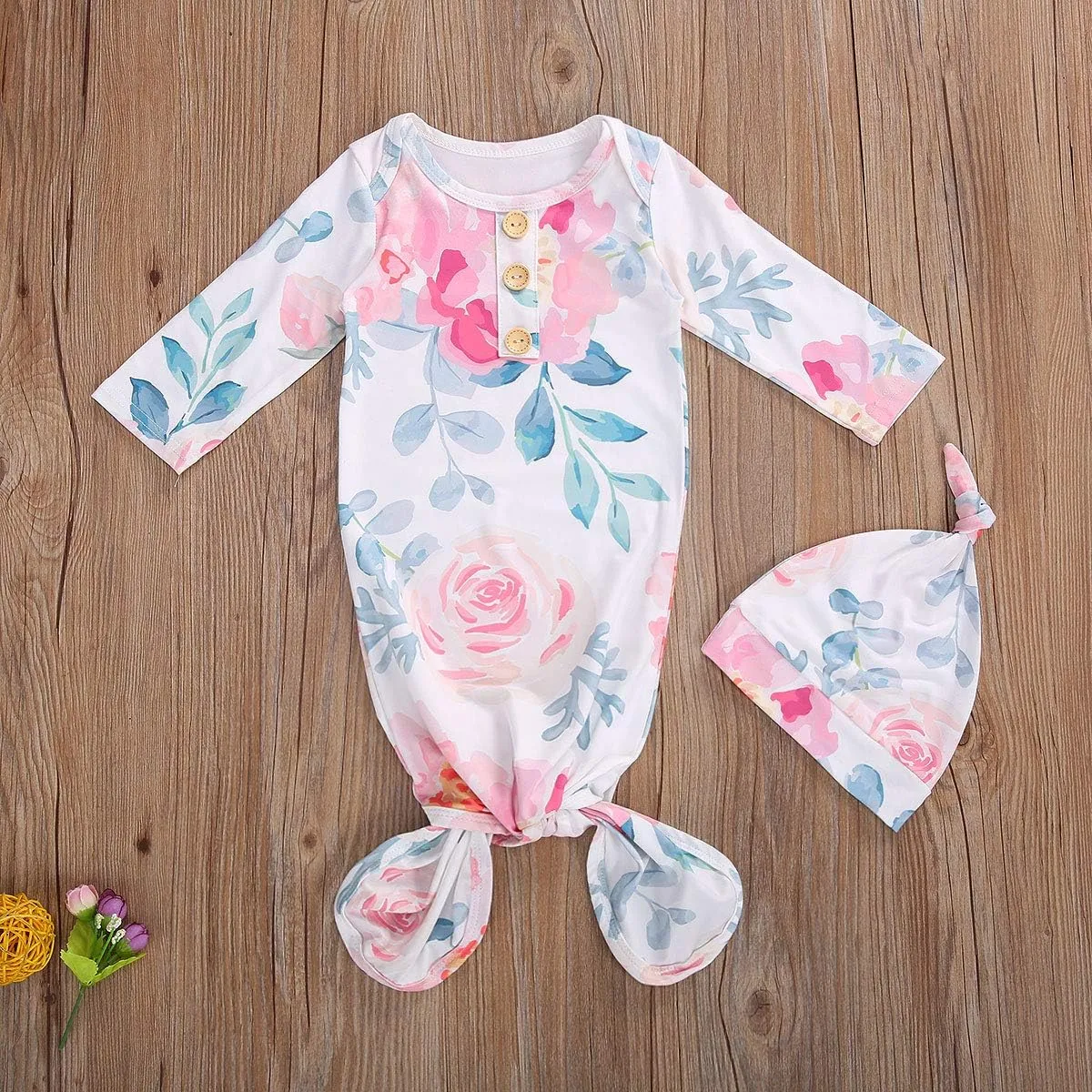 FIOMVA Newborn Baby Girl Boy Nightgowns Organic Cotton Gowns Knotted Sleeping Bag with Hat Coming Home Outfit for Unisex Baby