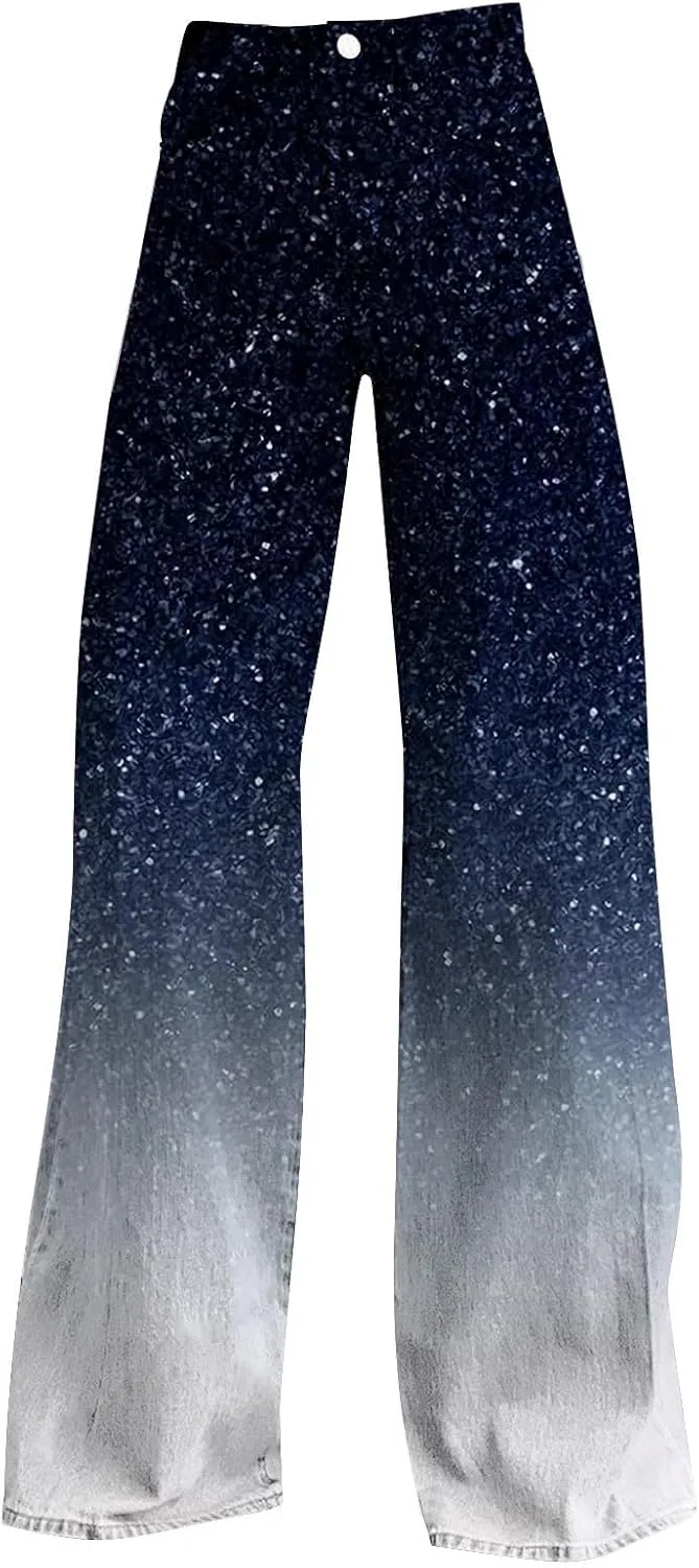 Flare Jeans for Women Wide Leg Jeans Woman Vintage Floral Print High Waisted Straight Stretch Pants with Pockets