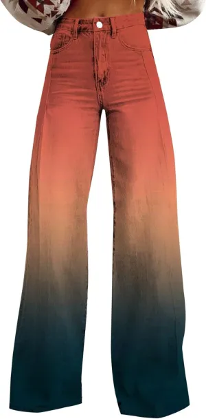 Flare Jeans for Women Wide Leg Jeans Woman Vintage Floral Print High Waisted Straight Stretch Pants with Pockets