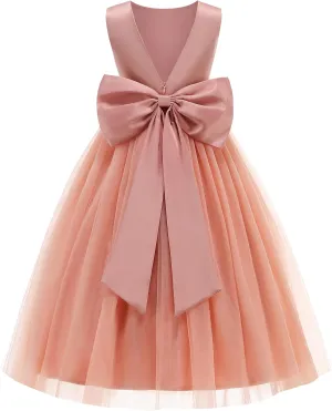 Flower Girl Dress Girls Dresses Wedding Satin V-Back Pearls for Pageant Prom Ball Gowns Party