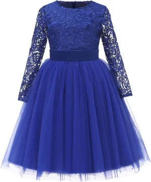 Flower Girl Dress Long Sleeves Lace Top Tulle Skirt Girls Lace Party Dresses