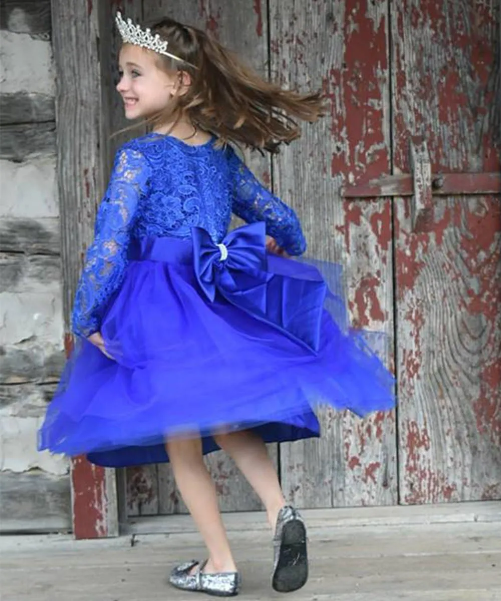 Flower Girl Dress Long Sleeves Lace Top Tulle Skirt Girls Lace Party Dresses