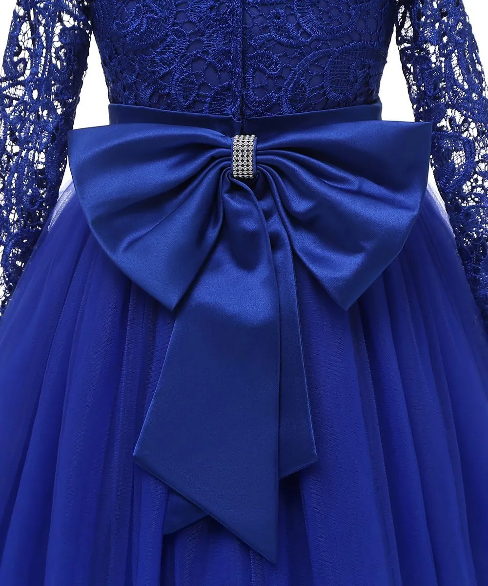 Flower Girl Dress Long Sleeves Lace Top Tulle Skirt Girls Lace Party Dresses