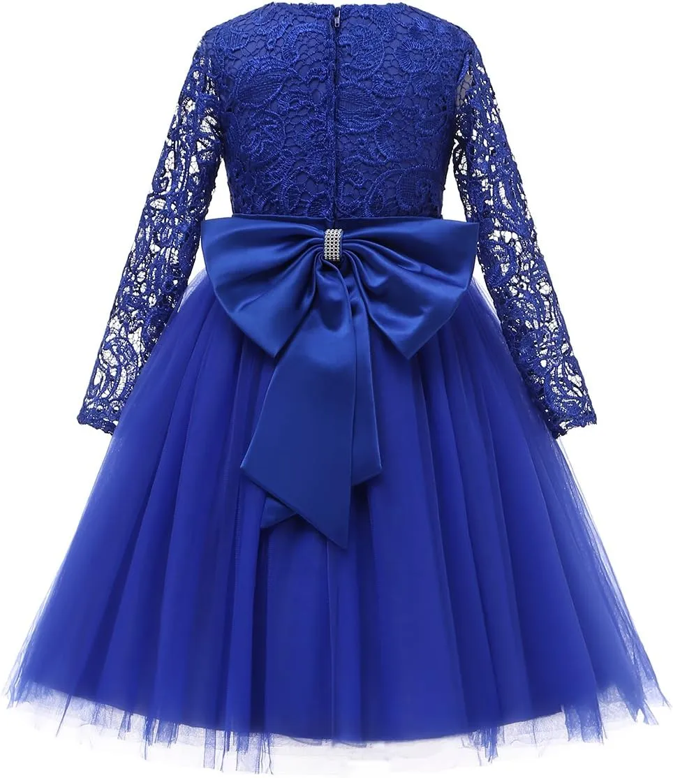 Flower Girl Dress Long Sleeves Lace Top Tulle Skirt Girls Lace Party Dresses