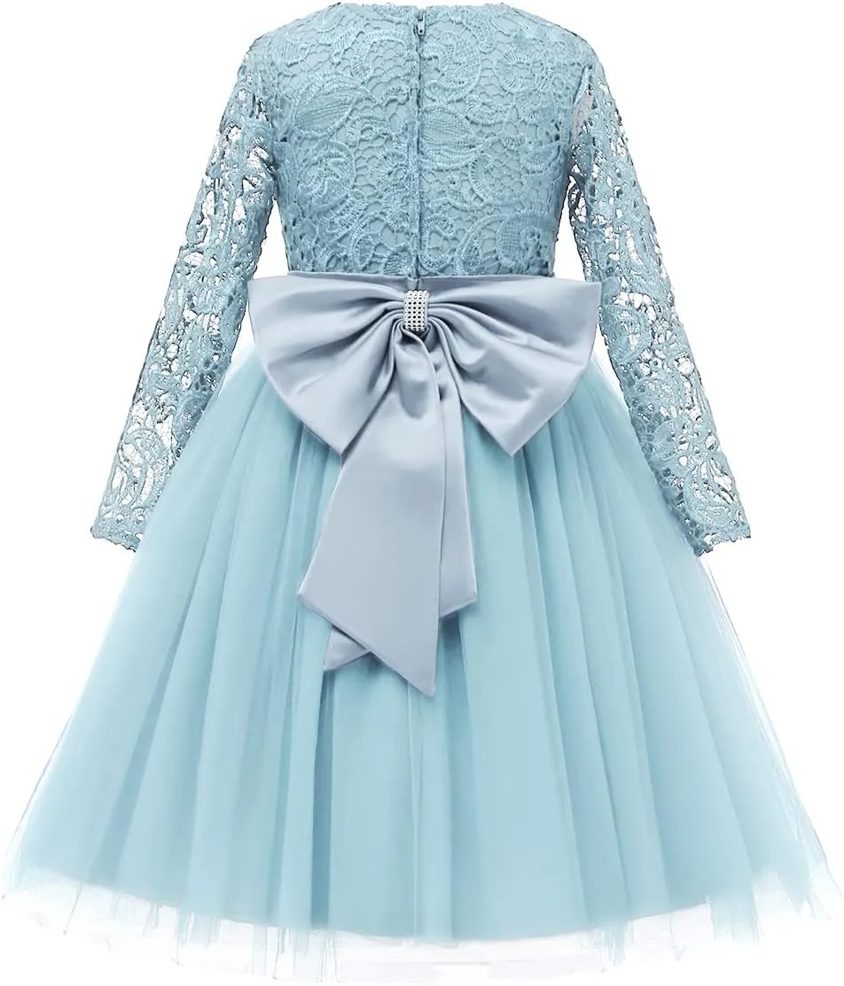 Flower Girl Dress Long Sleeves Lace Top Tulle Skirt Girls Lace Party Dresses