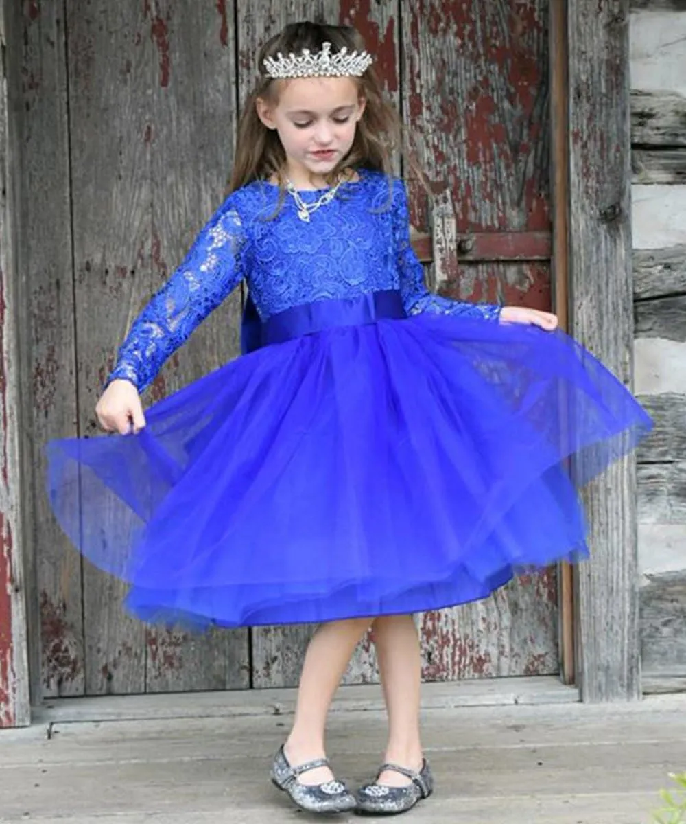 Flower Girl Dress Long Sleeves Lace Top Tulle Skirt Girls Lace Party Dresses
