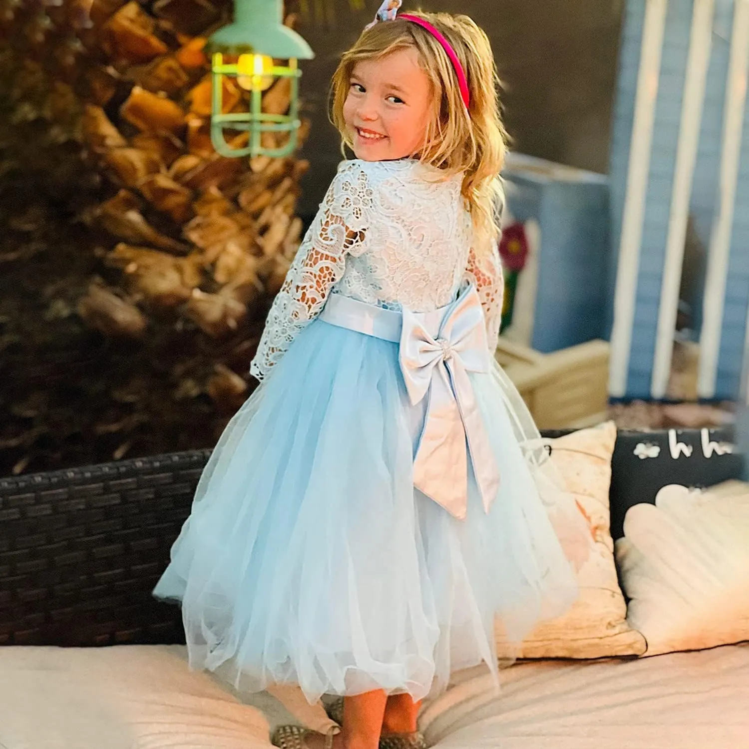 Flower Girl Dress Long Sleeves Lace Top Tulle Skirt Girls Lace Party Dresses