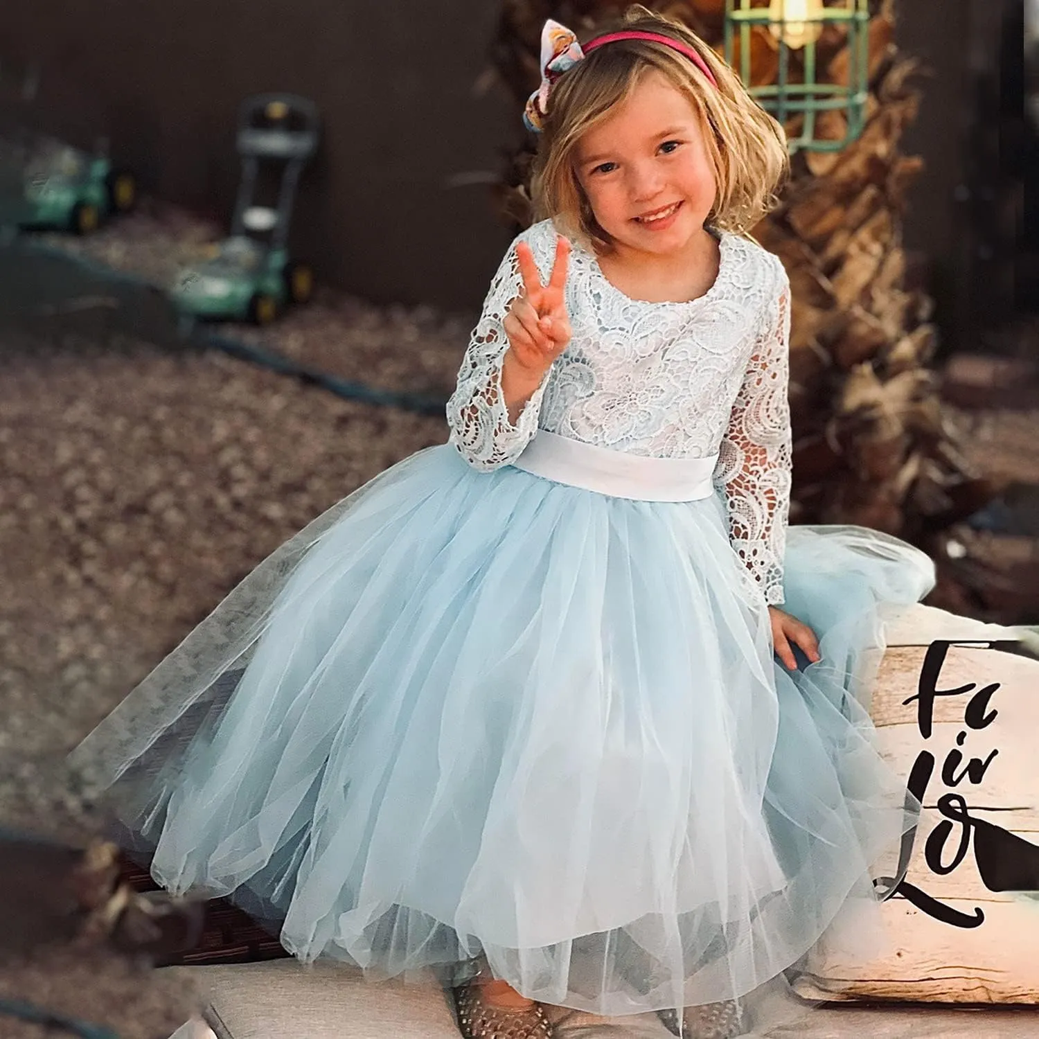 Flower Girl Dress Long Sleeves Lace Top Tulle Skirt Girls Lace Party Dresses