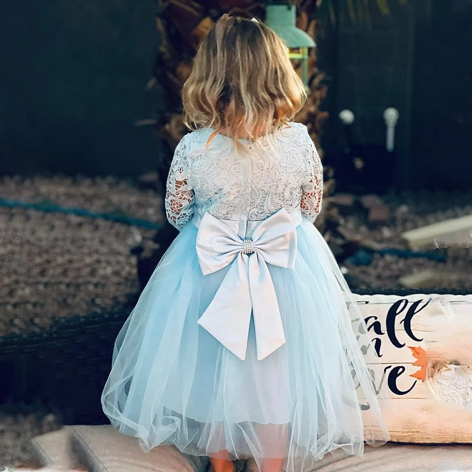 Flower Girl Dress Long Sleeves Lace Top Tulle Skirt Girls Lace Party Dresses