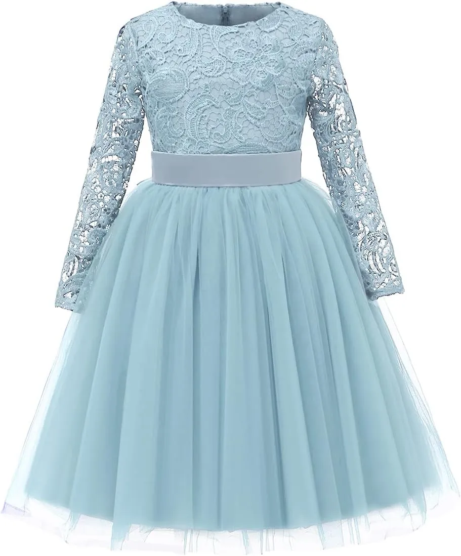 Flower Girl Dress Long Sleeves Lace Top Tulle Skirt Girls Lace Party Dresses