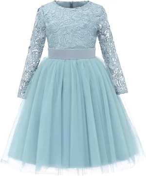 Flower Girl Dress Long Sleeves Lace Top Tulle Skirt Girls Lace Party Dresses