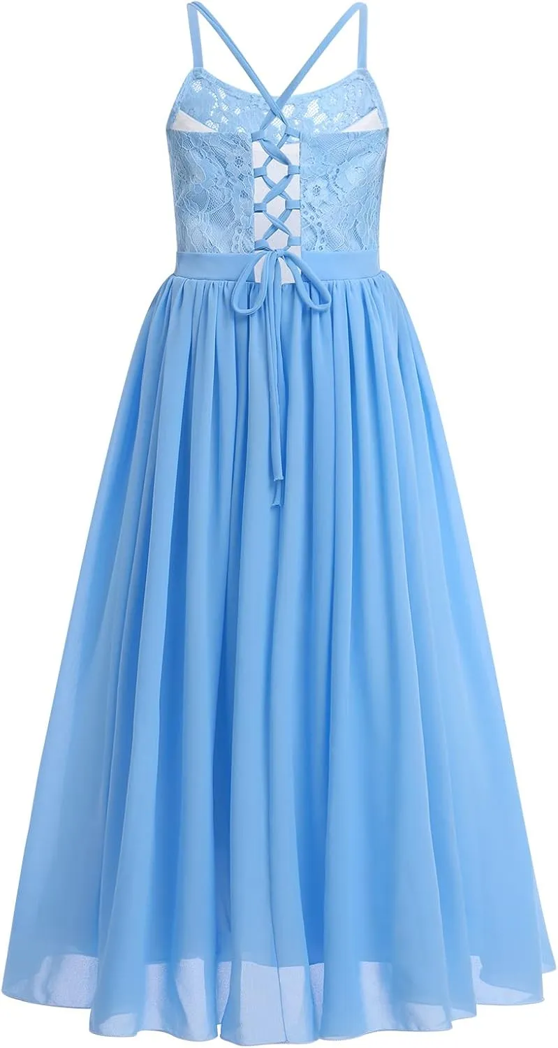Flower Girl Dresses Junior Wedding Bridesmaid Prom Party Chiffon Floral Lace Flowy Maxi Princess Pageant Long Communion Gown