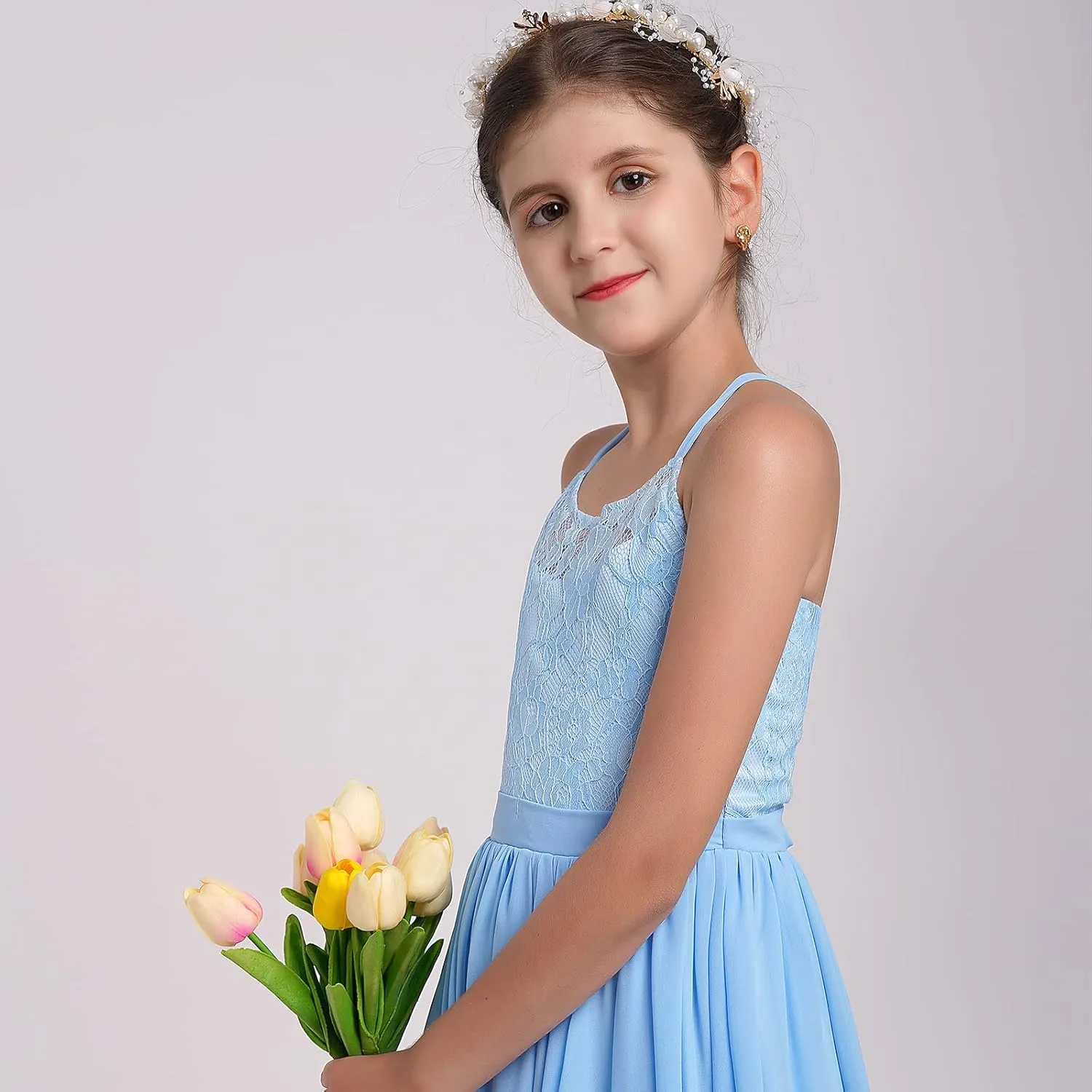 Flower Girl Dresses Junior Wedding Bridesmaid Prom Party Chiffon Floral Lace Flowy Maxi Princess Pageant Long Communion Gown