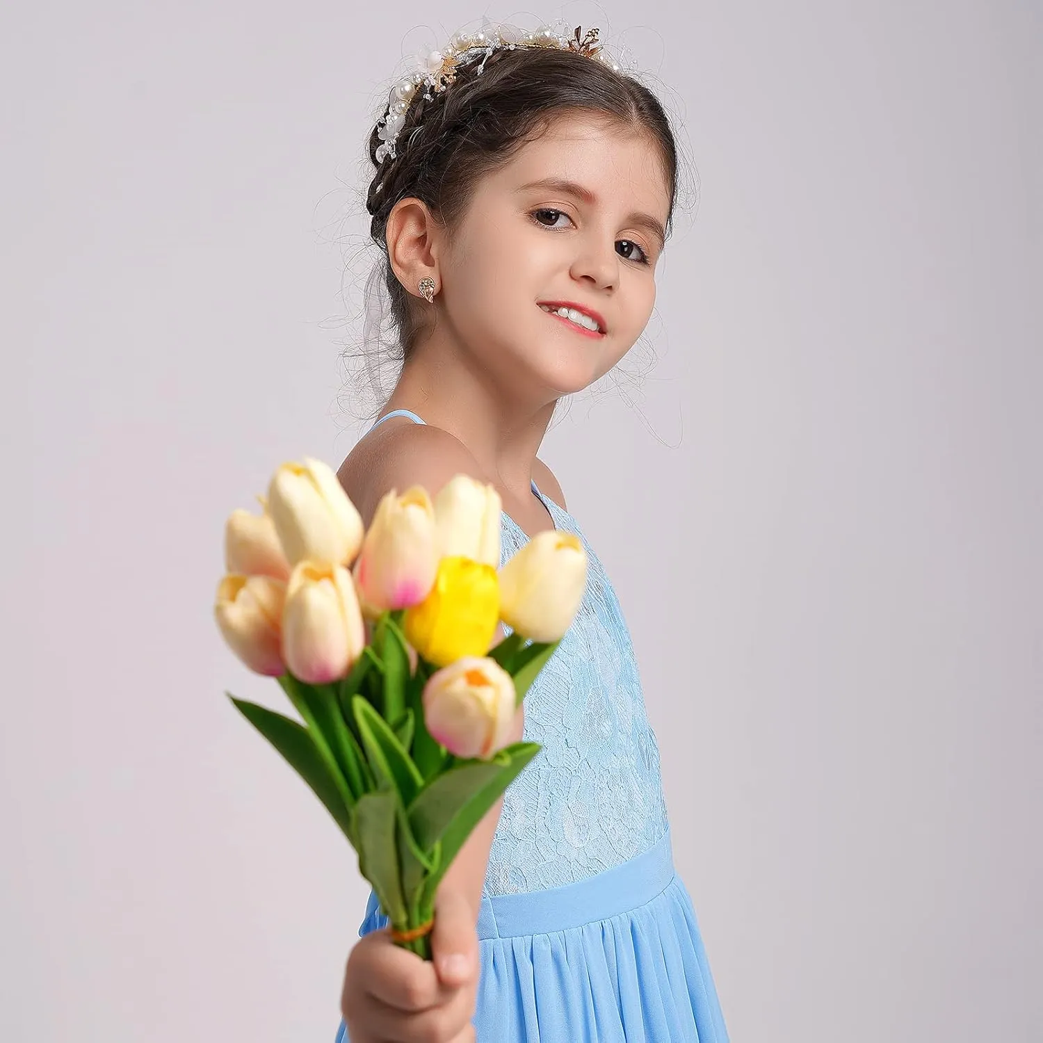 Flower Girl Dresses Junior Wedding Bridesmaid Prom Party Chiffon Floral Lace Flowy Maxi Princess Pageant Long Communion Gown