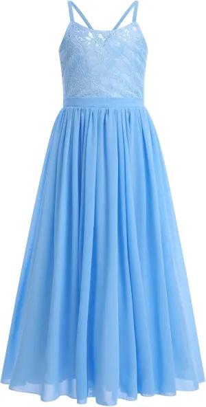 Flower Girl Dresses Junior Wedding Bridesmaid Prom Party Chiffon Floral Lace Flowy Maxi Princess Pageant Long Communion Gown