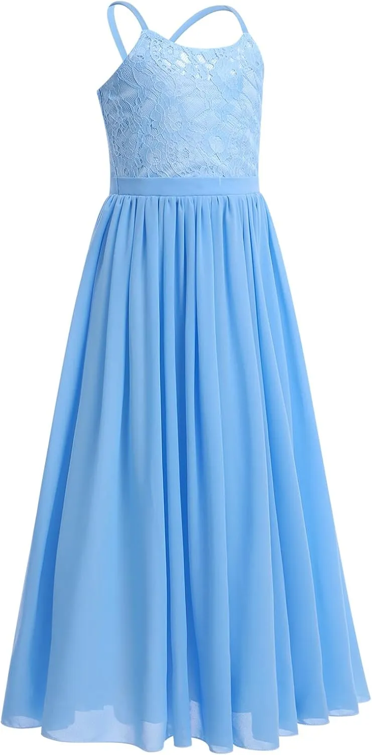 Flower Girl Dresses Junior Wedding Bridesmaid Prom Party Chiffon Floral Lace Flowy Maxi Princess Pageant Long Communion Gown