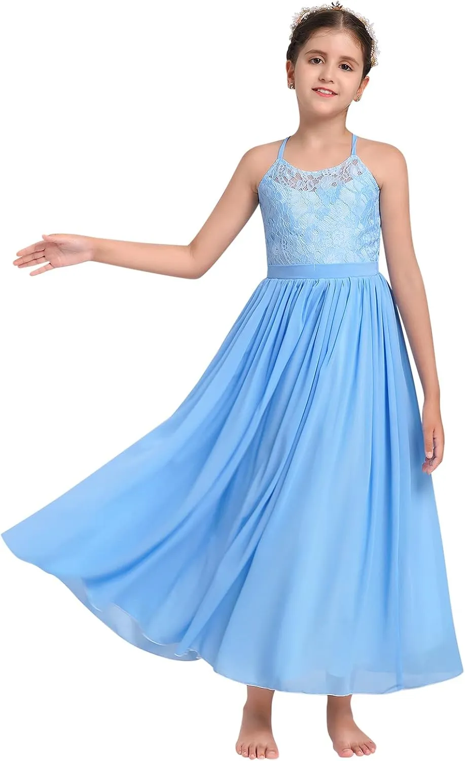 Flower Girl Dresses Junior Wedding Bridesmaid Prom Party Chiffon Floral Lace Flowy Maxi Princess Pageant Long Communion Gown