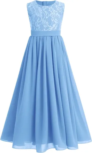 Flower Girl Dresses Junior Wedding Bridesmaid Prom Party Chiffon Floral Lace Flowy Maxi Princess Pageant Long Communion Gown