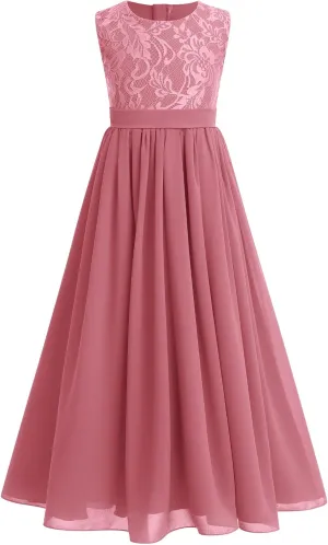 Flower Girl Dresses Junior Wedding Bridesmaid Prom Party Chiffon Floral Lace Flowy Maxi Princess Pageant Long Communion Gown