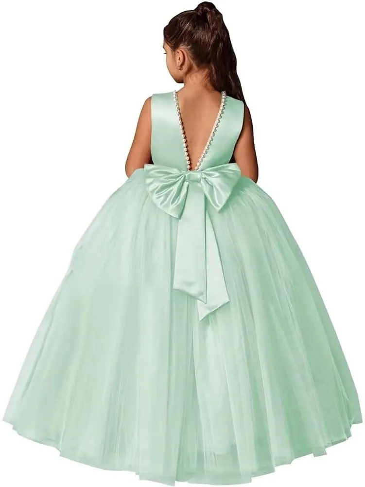 Flower Girls Dresses for Wedding Satin Tulle Pageant Princess Prom Ball Gowns with Pearls and Bow-Knot